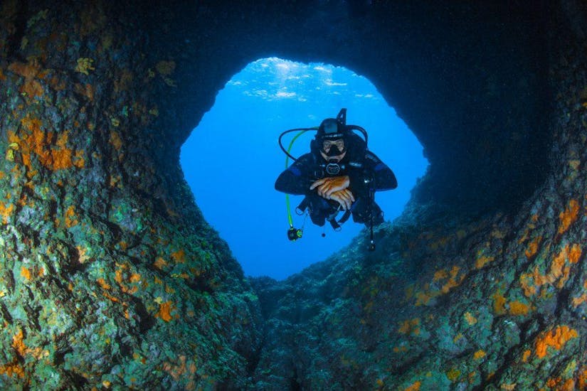 A diver going through a hole during a PADI Open Water Diver Referral Course in Hvar with Aqualis Dive Center Hvar.