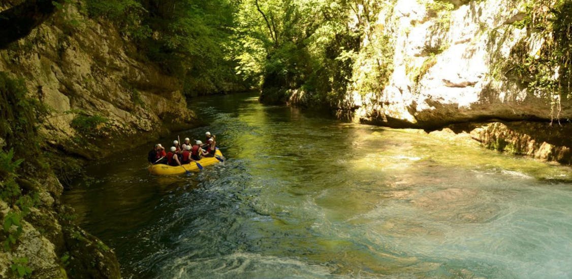 A raft on the river during the Classic Rafting on the Cetina River with Raftrek Adventure Travel Croatia.
