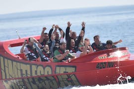 A group of people on a jet boat from Semi Submarine & Jet boat Novalja in the Adriatic Sea.