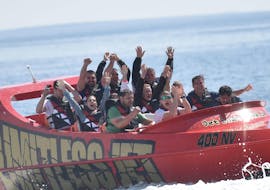 A  group of people on a jet boat from Semi Submarine & Jet boat Novalja in the Adriatic Sea. 
