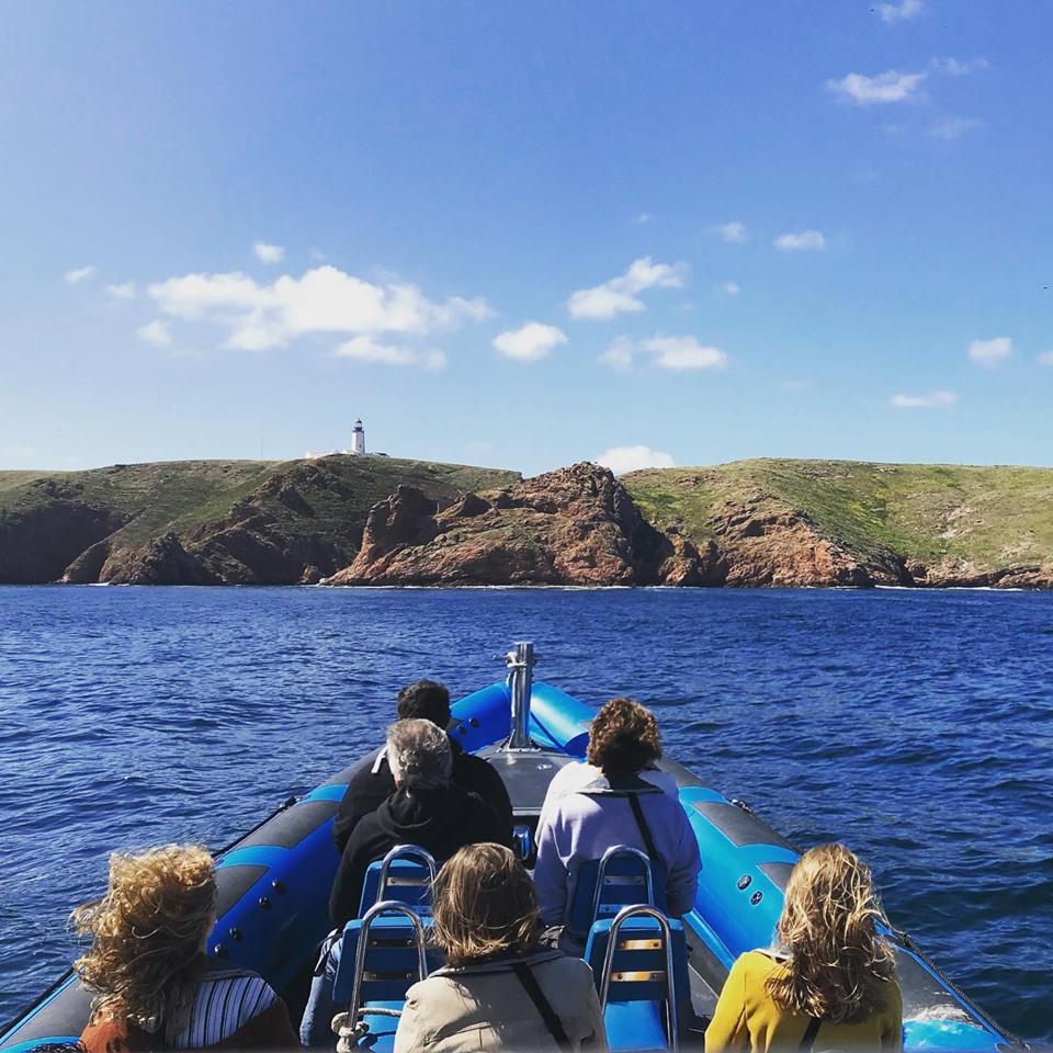 Fotos von unserem RIB-Boot beim Navigieren während einer Bootsfahrt zu den Berlengas mit Discovery Scuba Diving with Feeling Berlenga.
