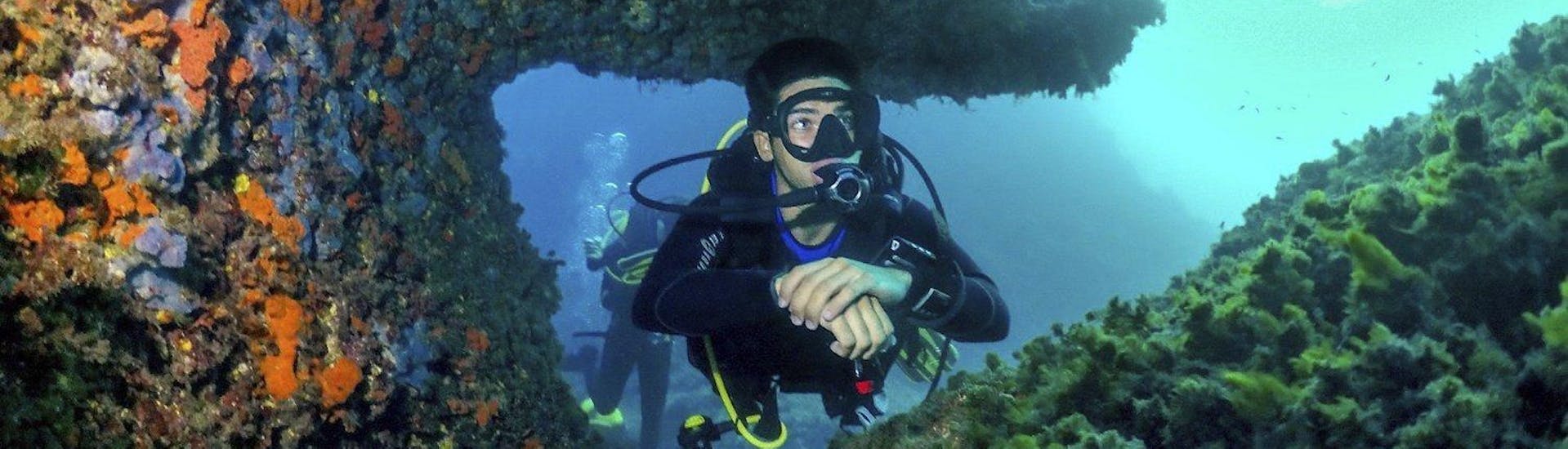 Foto van een man tijdens de duikcursus voor beginners van PADI Scuba Diver bij Skualo Diving Watersports Mallorca.