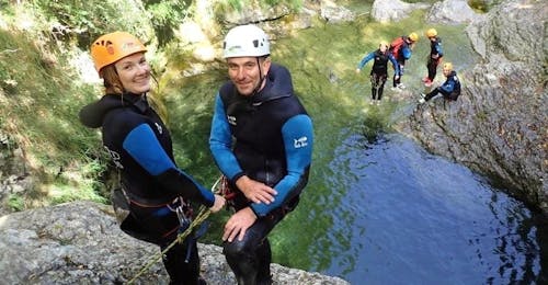 Canyoning in Gorges du Loup near Nice - Level 2 with FunTrip Tourrettes-sur-Loup Two friends are getting ready to do an abseiling descent during their Canyoning in Gorges du Loup - Level 2 tour with FunTrip.