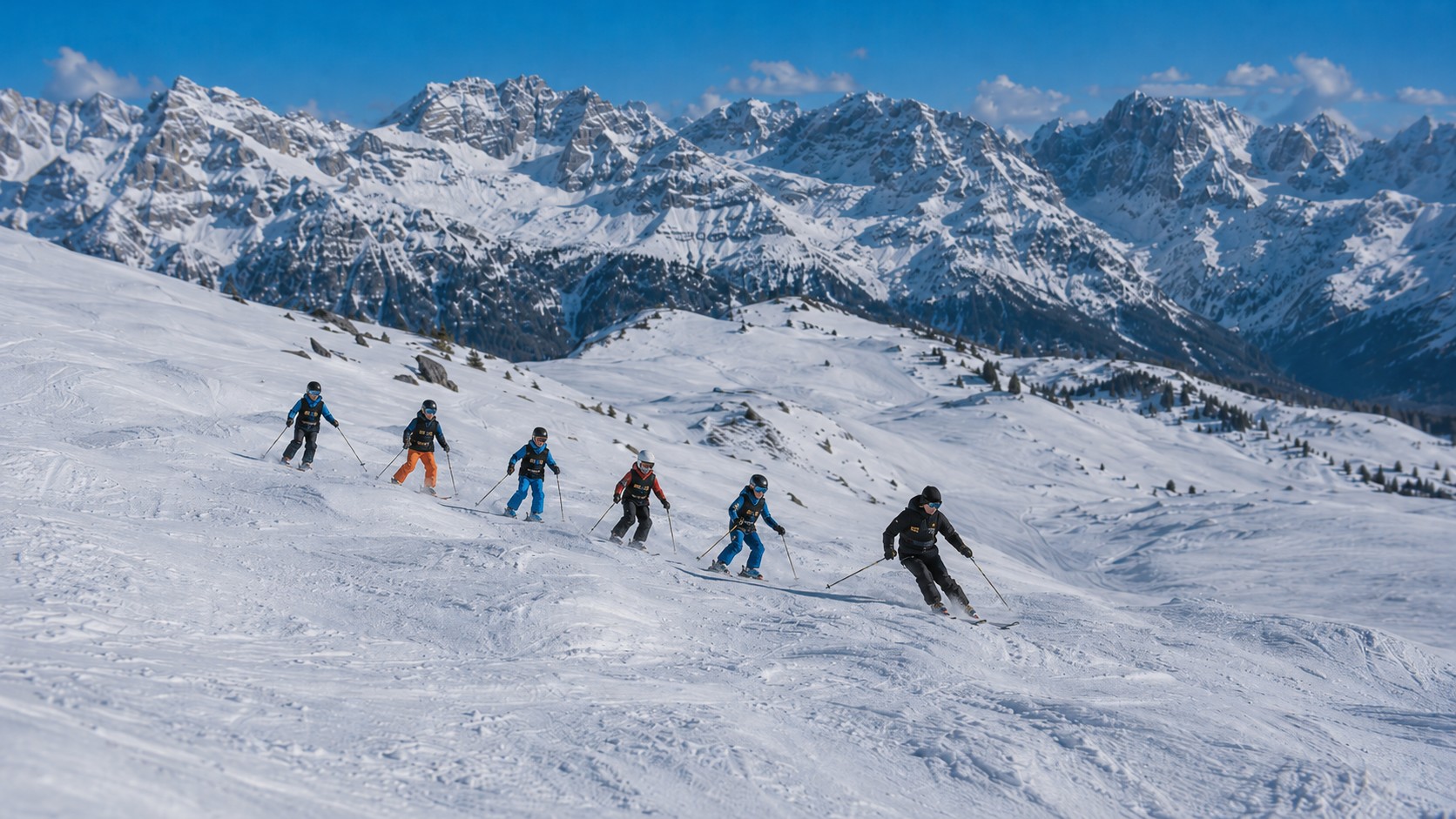 Un gruppo di piccoli appassionati di sci si diverte con il proprio maestro della scuola di sci Prosneige Val d'Isère durante le lezioni di sci per bambini (5-13 anni) - Tutti i livelli.