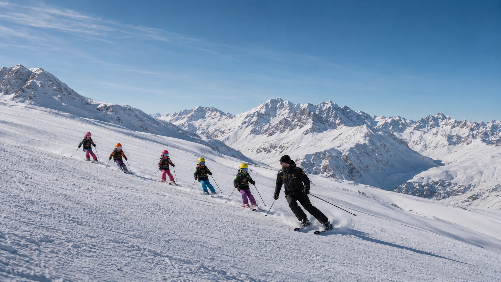 Un groupe de jeunes passionnés de ski s'amuse avec leur moniteur de ski de l'école de ski Prosneige Val d'Isère pendant leur Cours de ski pour Enfants (5-13 ans) - Tous niveaux.