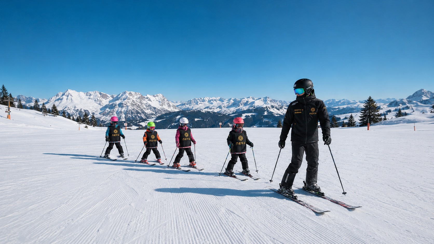 Una bambina si diverte con altri bambini durante le lezioni di sci per bambini (5-13 anni) - Tutti i livelli organizzate dalla scuola di sci Prosneige Val d'Isère.