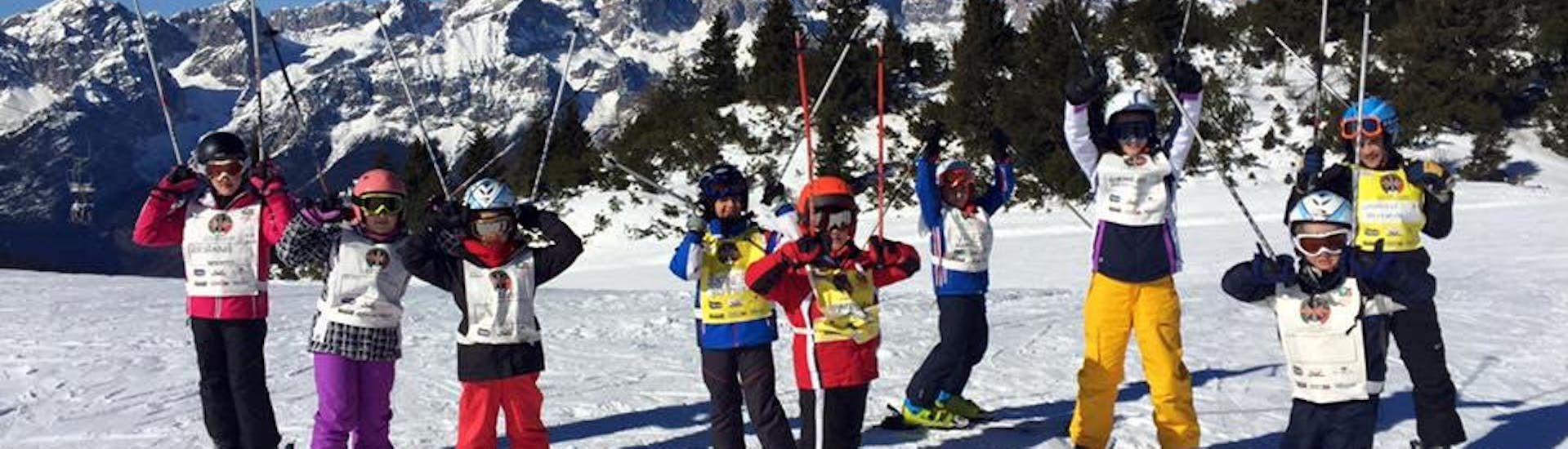 Kids happy in Andalo during one of the Kids Ski Lessons "Baby Elite" (4-5 y.) for First Timers.