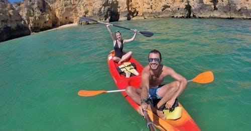 Sea Kayak Tour to the Ponta da Piedade Grottos with Discover Tours Lagos Two people are pn a kayak during the Sea Kayak Tour to the Ponta da Piedade Grottos with Discover Tours Lagos.