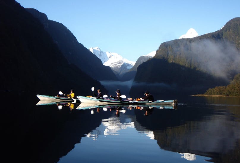Kayakers are enjoying a peaceful moment during Kayak Tour in Doubtful Sound Fjord organized by Go Orange