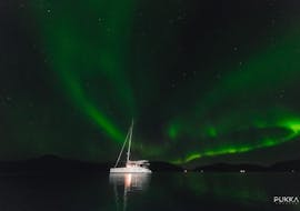 Our gorgeous Catamaran at sea with the Northern Lights in the background during the Northern Lights Fjord Boat Tour in Tromsø with Pukka Travels