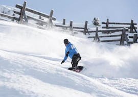 Un maestro di snowbaord sta scendendo le piste innevate durante una delle Lezioni di snowboard per bambini e adulti - Tutti i livelli organizzate dalla Scuola di Sci Pinzolo nel comprensorio sciistico della Val Rendena.