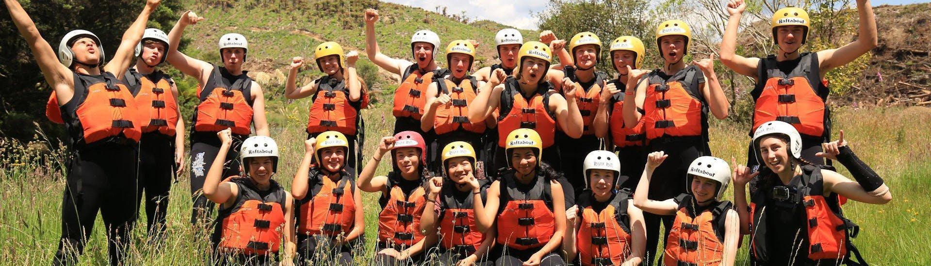 A group of rafters prepares for the rotorua rafting waterfall experience winter tour with  River Rats Rotorua Raft & Kayak.