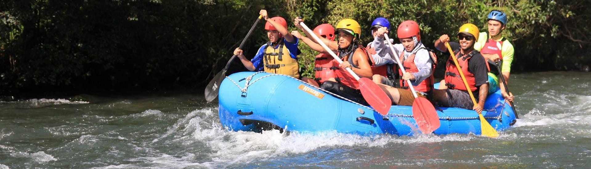 A group of friends is paddling during a calmer passage of Tarawera River Rafting in Kawerau with Rafting Adventure Rotorua.