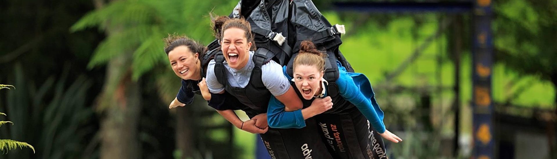 With a Multi-Ride Package with 2 or 4 Rides in Rotorua, three girls have chosen to try the thrilling swoop located in the Velocity Valley Rotorua Adventure Park.