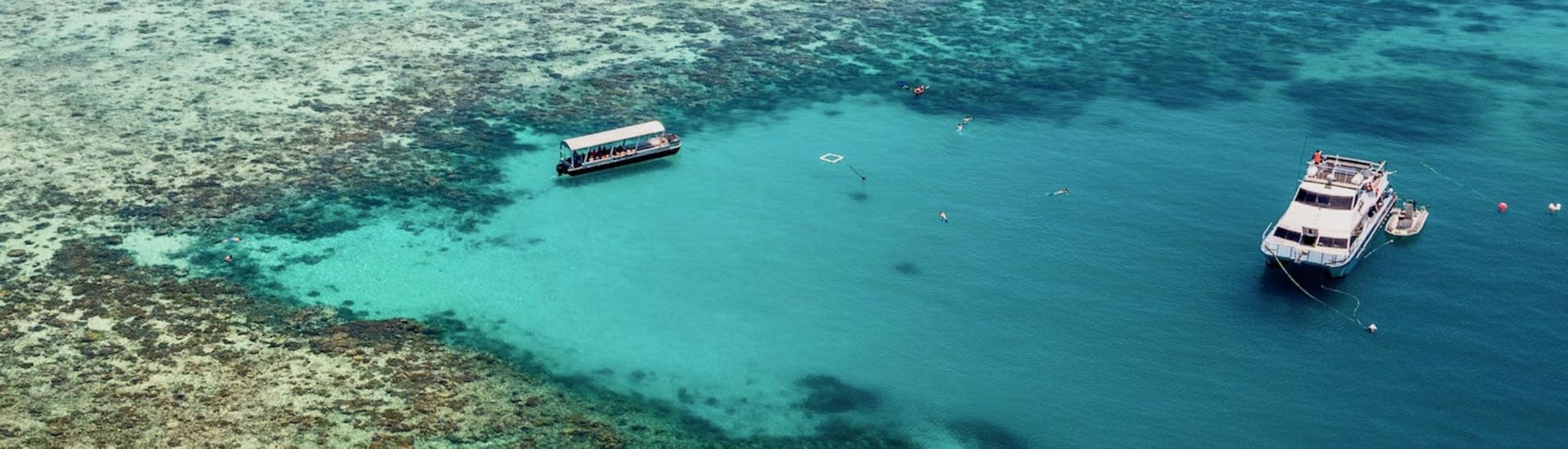The Ocean Freedom catamaran is moored on theedge of Upolu Reef, where guests can go snorkeling during the Great Barrier Reef Cruise from Cairns.