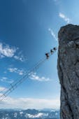 A group of people climbing up the spectacular sky ladder of the Via Ferrata for the Brave on the Donnerkogel with the experienced guides from Bergführer Salzburg.