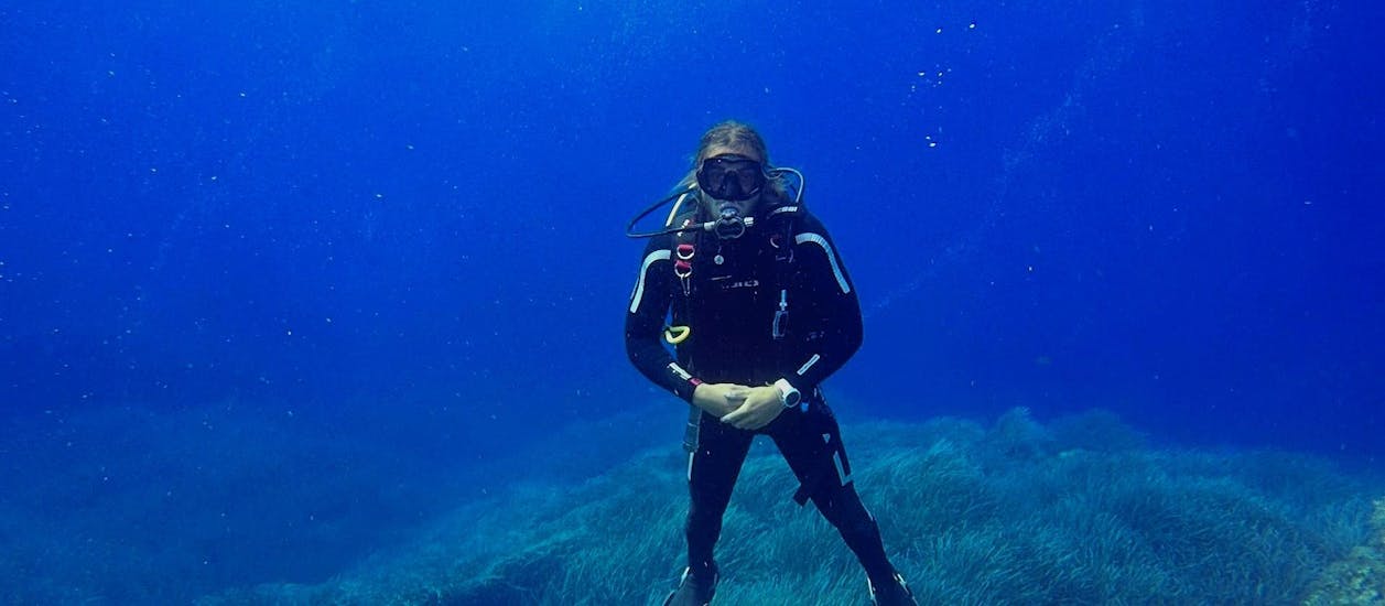 Scuba diver on the seabed during the PADI Open Water Diver Course in Ustica for Beginners.