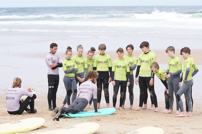 A group of kids is watching their surf instructor from Wanted Surf School Carcavelos demonstrate how to stand up on a surf board during their surfing lessons near Lissabon.