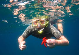 A boy is admiring a starfish under water during the Snorkeling Trip by Boat from Santa Barbara Beach organized by Hercules Marine Activites Corfu.