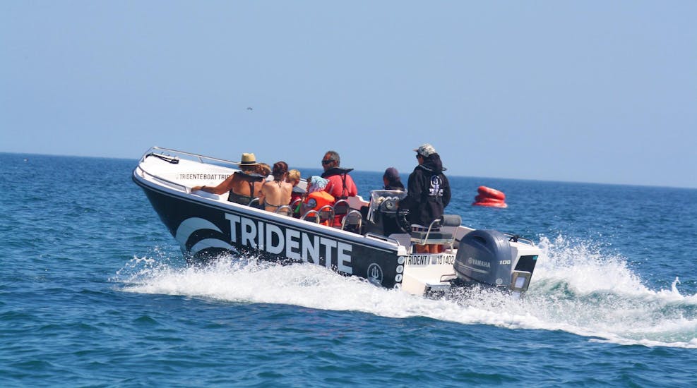 In una gita in barca alla grotta di Benagil da Armação De Pêra con Tridente Boat Trips Algarve, i passeggeri si godono il viaggio lungo la costa dell'Algarve in compagnia del loro capitano esperto.