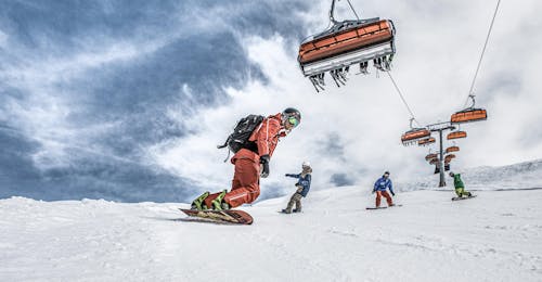 Cours de snowboard pour Enfants & Adultes (dès 8 ans) pour Tous Niveaux avec l'école de ski Schruns Un groupe de snowboarders s'entraîne à faire des virages avec l'aide de leur moniteur expérimenté de la Skischule Schruns pendant leurs cours de snowboard pour enfants et adultes (à partir de 6 ans) pour tous les niveaux.