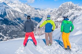 Three friends are exploring the slopes of Golte ski resort during their Private Ski Lessons for Adults of All Levels with Funpark Menina.