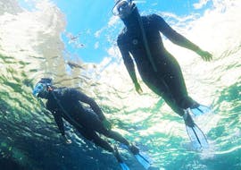 Deux personnes observent les fonds marins lors de l'excursion privée de snorkeling dans le parc national des Calanques avec un guide du Bateau Jaune Marseille.
