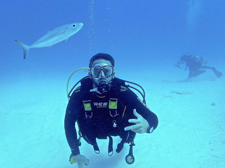 Boy diving with a fish during his Trial Scuba Diving in Nice (20min) with the provider Chango Diving in Nice.