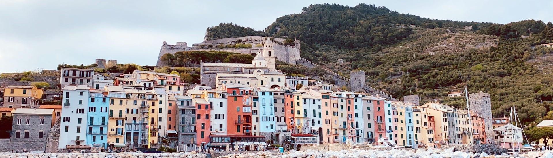 Uitzicht op de kleurrijke kustlijn tijdens de privé boottocht naar Cinque Terre en Golfo dei Poeti with Fish & Chill Cinque Terre.