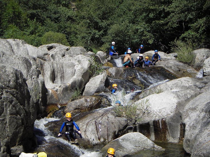 People are exploring and climbing the canyon during the Canyoning en Ardèche dans le Haut Chassezac - Découverte with Cévèn Aventure.
