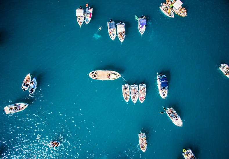 Picture taken with a drone of the boat during the Private Boat Trip along the Cinque Terre from La Spezia with 5 Terre Boat Trip.