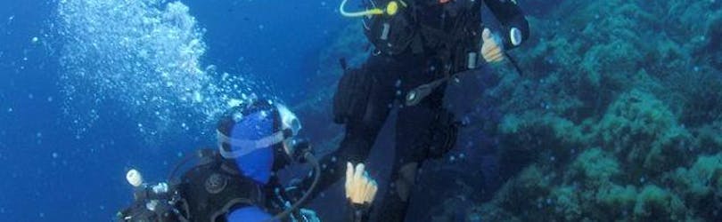 Un élève et son moniteur communiquent sous l'eau pendant le Cours de plongée Niveau 1 FFESSM pour Débutants avec European Diving School Hyères.