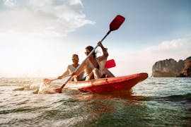 Two people go kayaking in St George's Bay with Sun & Fun Watersports Malta.