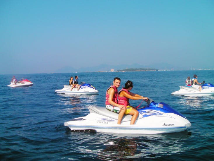 Couple doing a Jet Ski Safari from Nice to Lerins Islands with Jet Evasion.