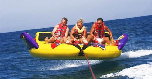 Crazy Sofa Ride on Rethymno Beach with Popeye Watersports Crete A group of friends have fun on a Crazy Sofa on Rethymno Beach with Popeye Watersports.