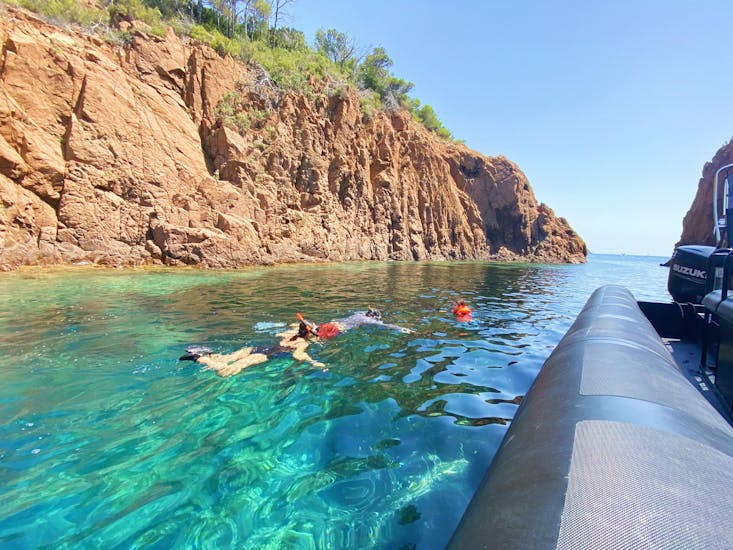People swimming during their Boat Trip to the Estérel Natural Park with Black Tenders in Cannes.
