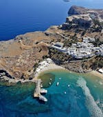 View of Lindos village during the Cruise to Lindos with Swimming Stop in Anthony Quinn’s Bay with Manos Going Rhodes.