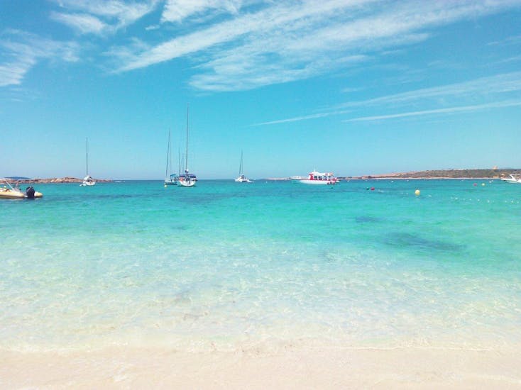 View of our boats during a Boat Trip from Ibiza to Formentera with SUP & Snorkeling with Ibiza Nautical Excursion.