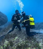 Ein Tauchlehrer gibt einem Taucher während eines SSI Scuba Diver Kurses in Cap d'Antibes für Anfänger mit BeFree2Dive Ratschläge.