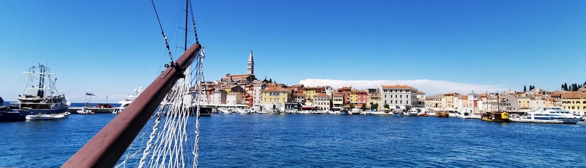 During the Boat Trip to Rovinj & Lim Fjord with Swimming Stop, the boat Santa Ana is reaching the port of Rovinj.