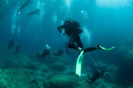 Dos buceadores se sumergen en las profundidades durante las inmersiones guiadas en barco desde Paleokastritsa para buceadores certificados con Achilleon Diving Center Corfu.