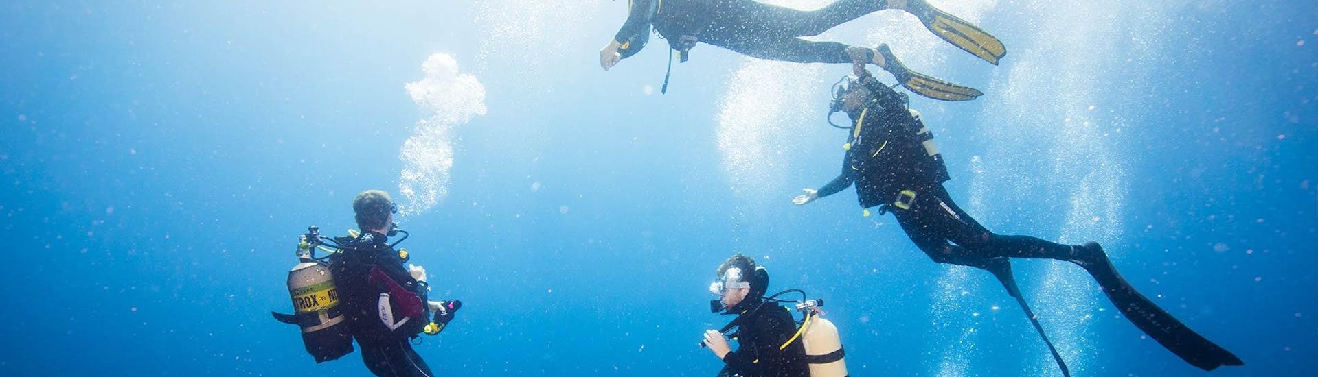 Eine Gruppe Taucher bei ihrem PADI Open Water Diver Tauchkurs in Agia Pelagia für Anfänger von Stay Wet Dive Center.