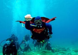 Ein Mann bei seinem vom Stay Wet Dive Center organisierten PADI Open Water Diver Tauchkurs in Agia Pelagia für Anfänger.