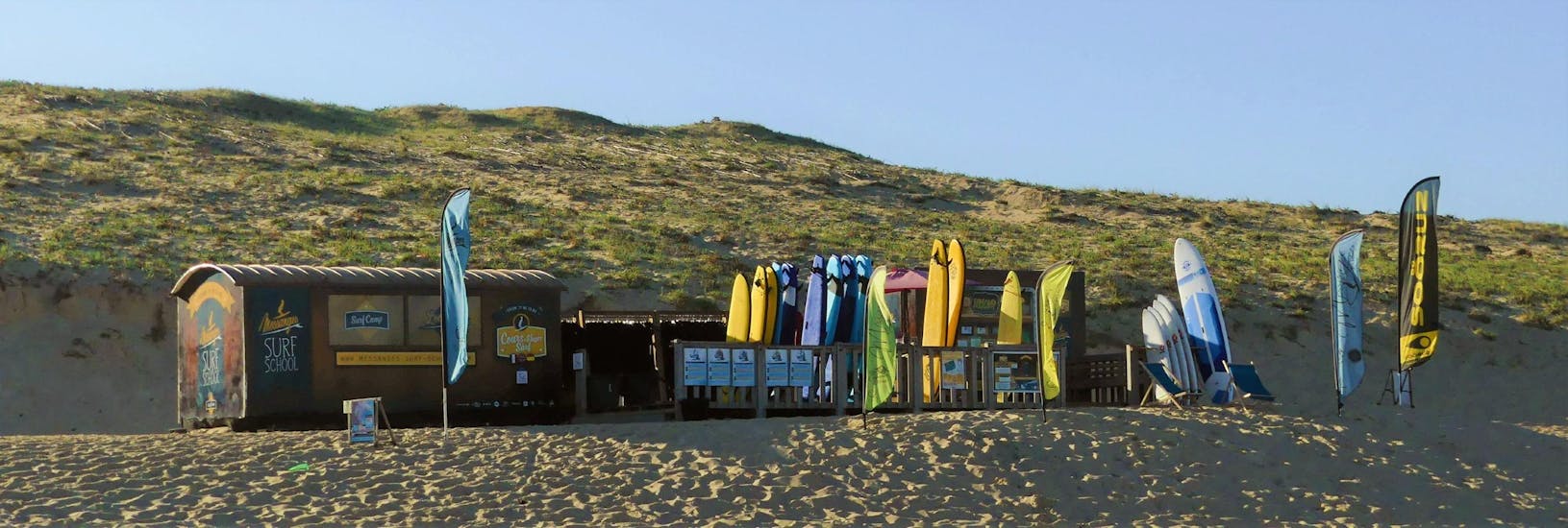 The base of Messanges Surf School on Messanges South Beach where Surfing Lessons for Kids (6-8 y.) take place.