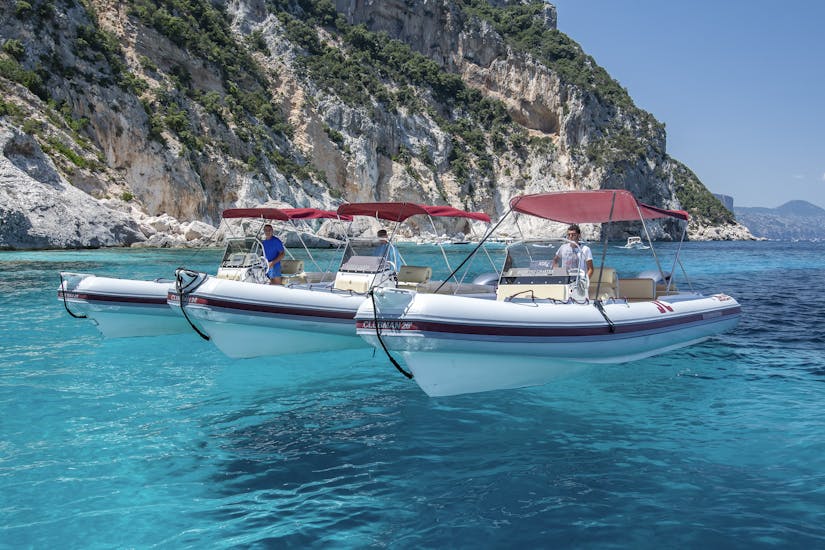 3 of our RIB boats are side by side during the RIB Boat Rental in Cala Gonone (up to 10 people) with Dovesesto.