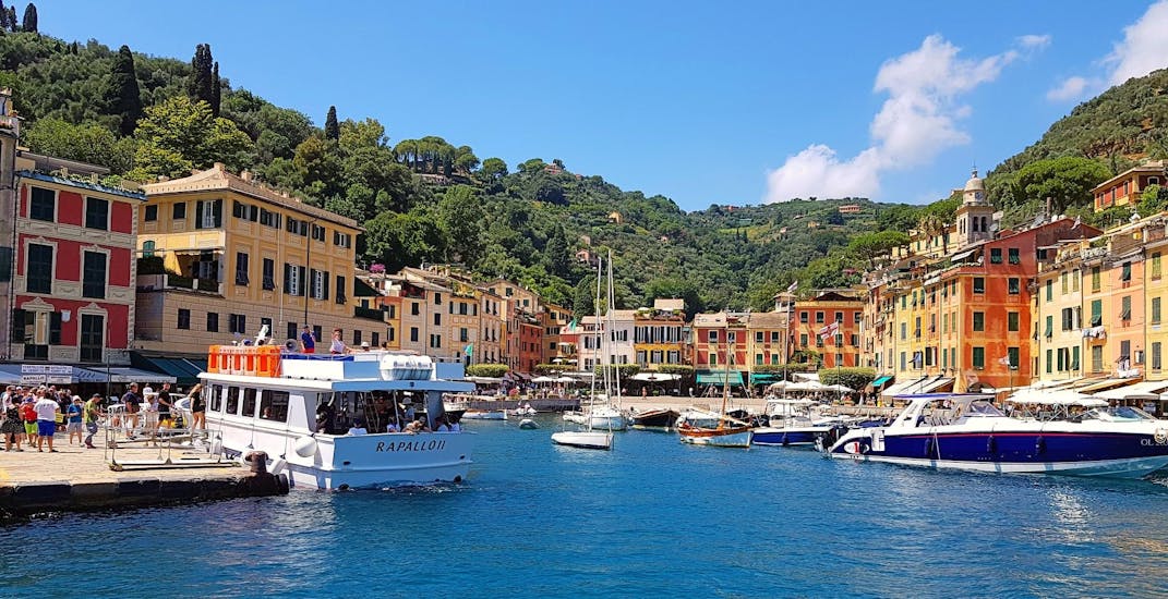 Beautiful view of the harbour of Portofino taken from the boat during the private boat trip to Portofino and San Fruttuoso from Levanto.