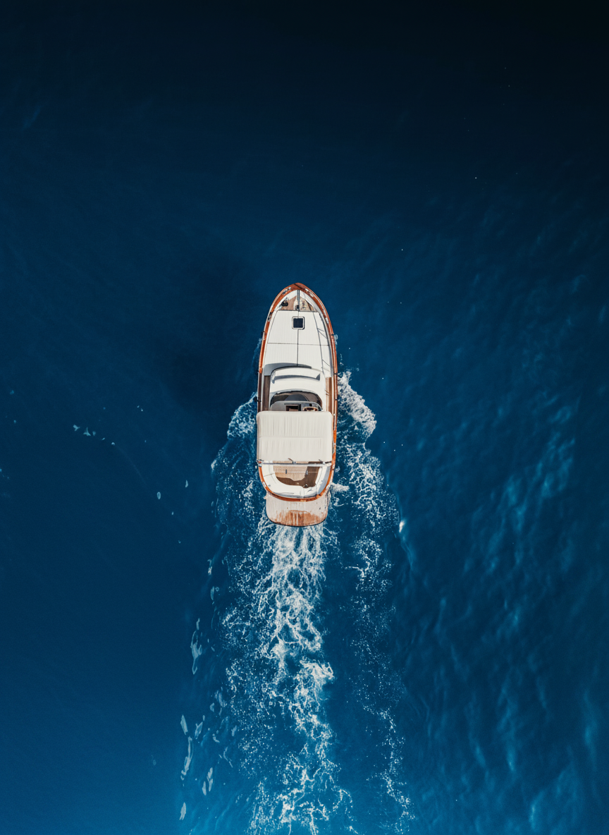 Aerial view of a private boat trip on the open sea An aerial view of a motorboat sailing through the deep blue sea during a private boat trip to Portofino & San Fruttuoso from Levanto with Costa di Faraggiana Levanto.