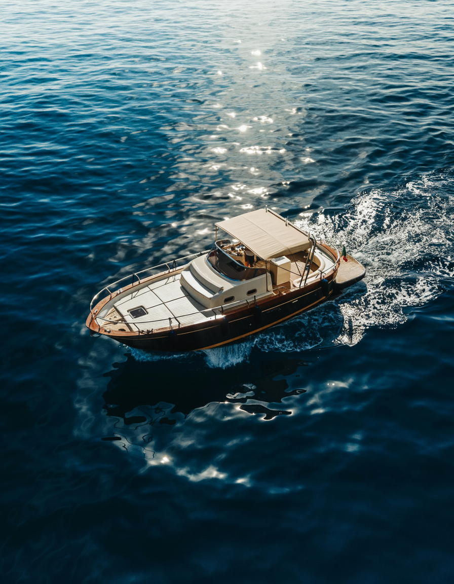 Private boat trip cruising on the sunlit sea. The Costa di Faraggiana Levanto boat is seen from above as it cruises through the sparkling sea on a private boat trip to Portofino & San Fruttuoso from Levanto.