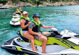 Group of people have fun while doing a Jet Ski Safari to the Blue Cave from Rakalj with Istria Adventure. 