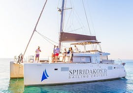Photo of the catamaran used on the Premium Sailing Catamaran Tour to the Hot Springs with BBQ with Spiridakos Sailing Cruises Santorini.